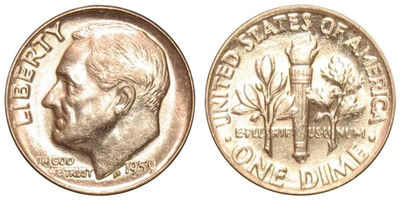1959 Roosevelt dime obverse and reverse showing silver luster and torch design