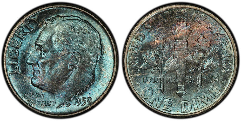 Side-by-side comparison of 1959 dime torch bands showing partial bands versus Full Bands designation