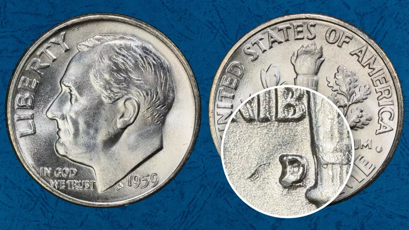 1959-D dime D/Inverted D FS-501 error showing ghost of upside-down mint mark beneath the final impression
