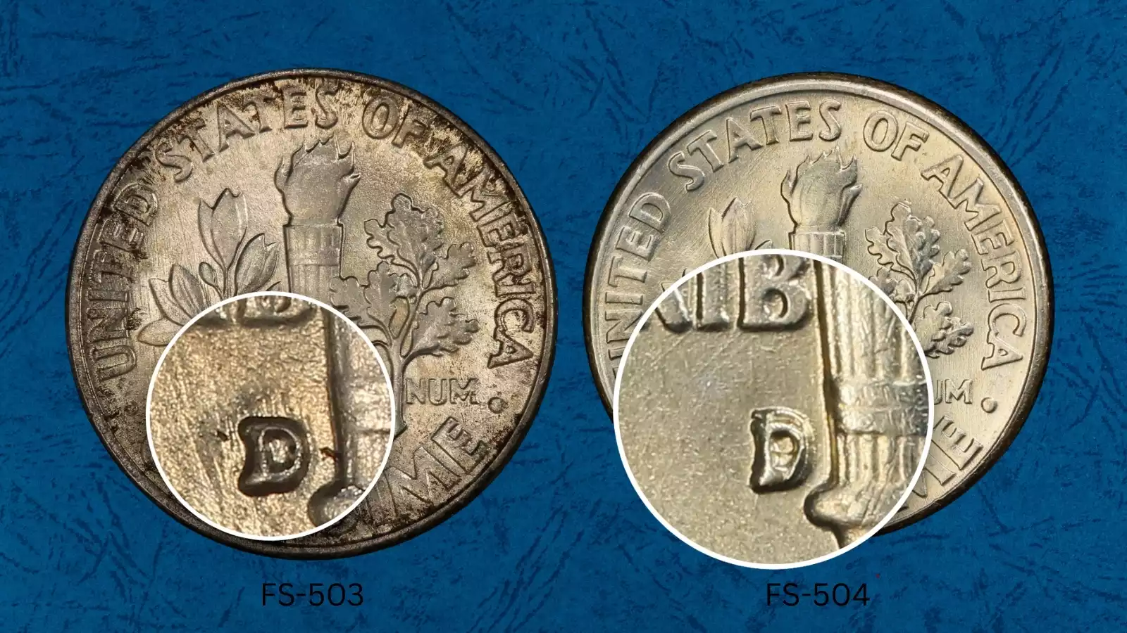 1959-D dime Repunched Mintmark RPM FS-504 showing northward-displaced secondary D impression