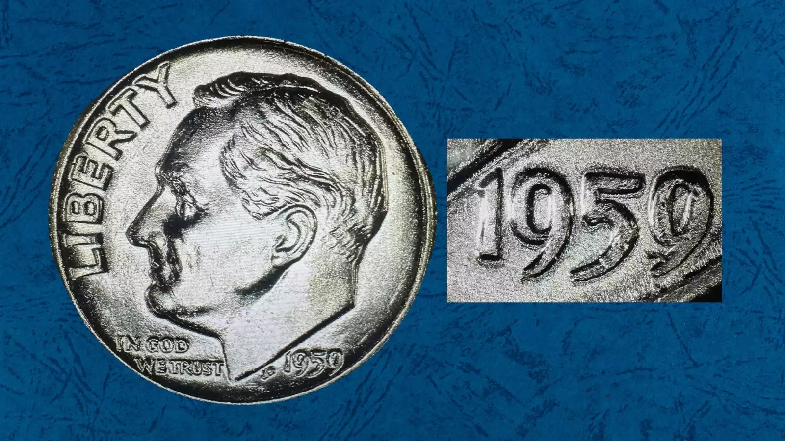 1959 dime Doubled Die Obverse showing doubling on Roosevelt portrait and LIBERTY inscription