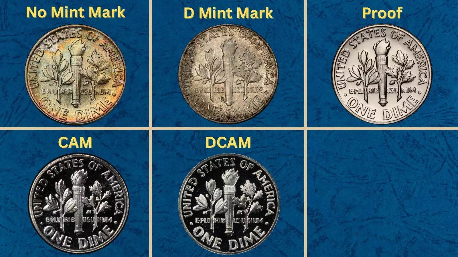 Group of 1959 Roosevelt dimes showing Philadelphia no-mint-mark, Denver D mint mark, and proof specimens