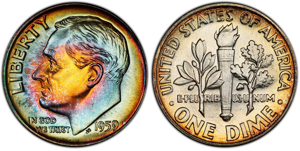 1959 Roosevelt dime grading strip showing four condition tiers from worn to gem uncirculated